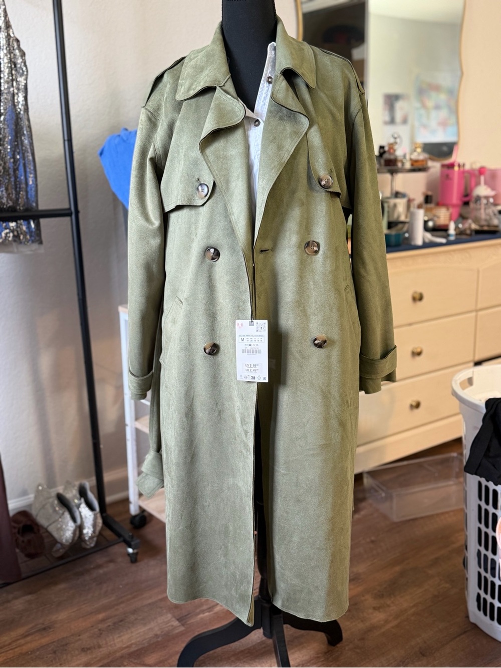 Zara Faux Suede Belted Trench Coat in an olive/light khaki green shade